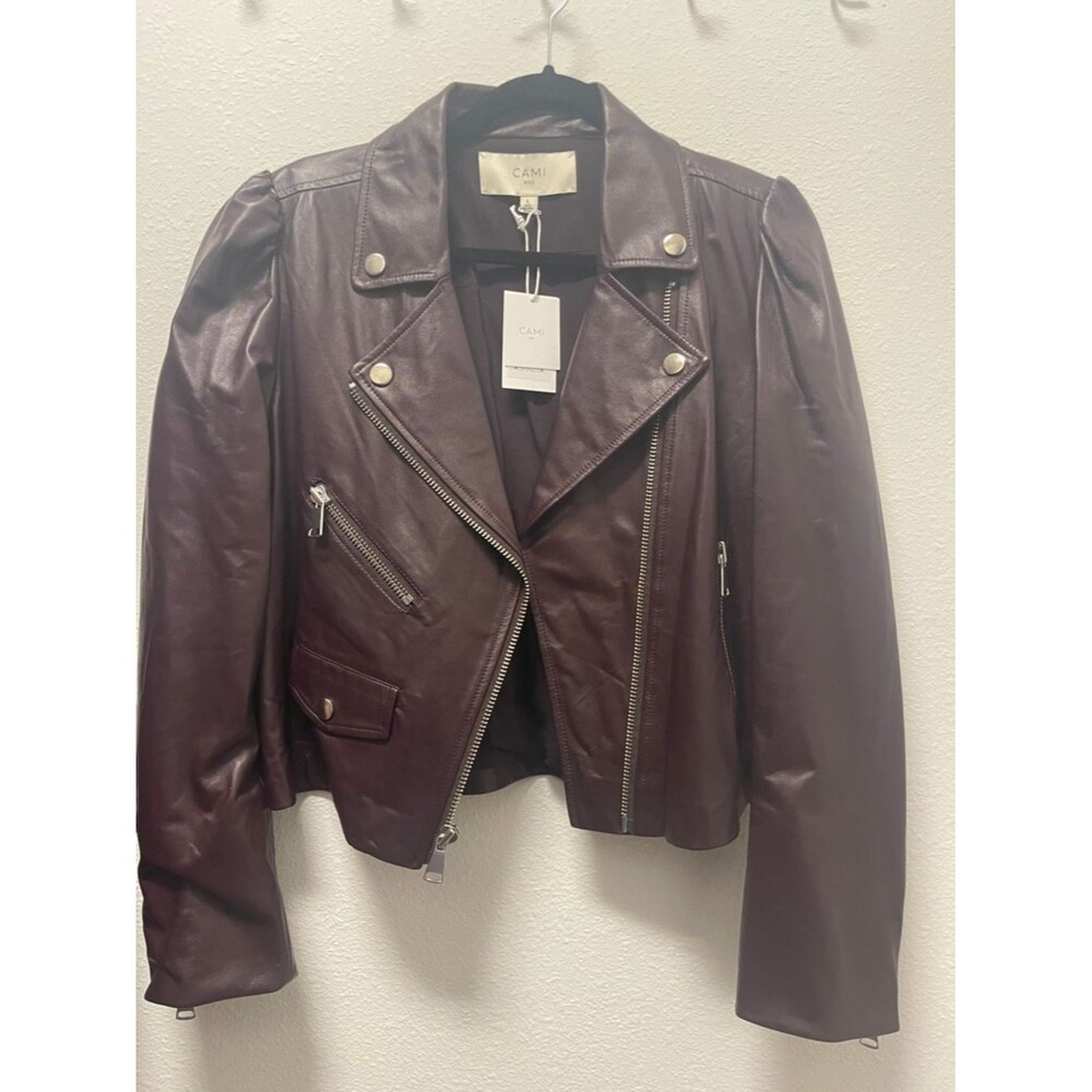 Cami NYC Burgundy Leather Moto Jacket with Silver Hardware